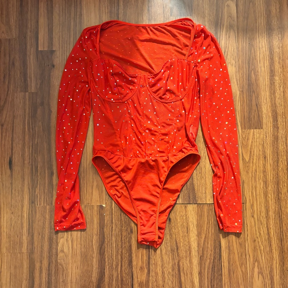SHEIN Red Mesh Long Sleeve One Piece - Medium
